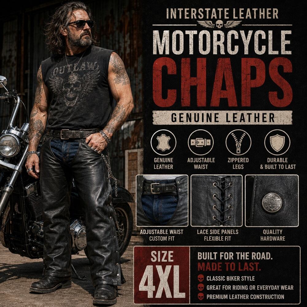 Interstate Leather Mens Motorcycle Chaps Black Genuine Leather Adjustable 4XL